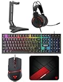 FANTECH P51S Gaming Keyboard and Mouse Combo, Headset and Stand, Mouse Pad Wired RGB Rainbow Keyboard PC Beginner Gamer Basic 5 in-1 Gaming Set