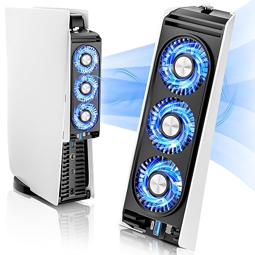 Upgraded PS5 Cooling Fan with LED Light,Quiet and Efficient Cooling System for PS5 Cooler,2 Fan Speeds,3 Small Fans,USB 3.0 Port Compatible with