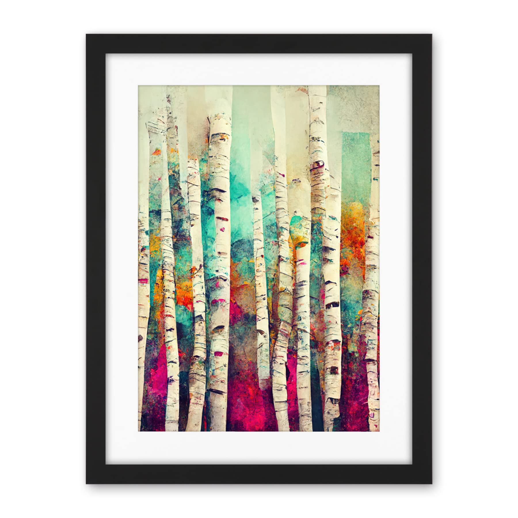 Wee Blue Coo Abstract Multi Coloured Birch Tree Forest Vibrant Colourful Oil Painting Artwork Framed Wall Art Print 18X24 Inch