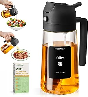Olive Oil Spray Bottle, 470ml 2 In 1 Glass Oil Dispenser/Pour & Sprayr Bottle, Kitchen Accessories, Kitchen Gadgets for Air Fryer, Salad, BBQ(Black)