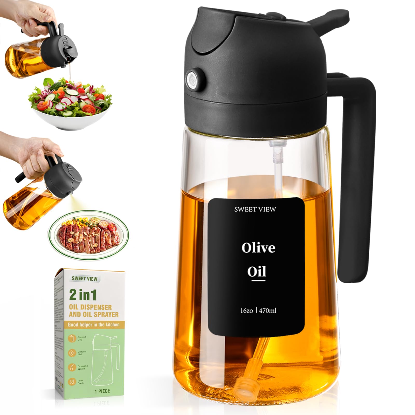 Olive Oil Spray Bottle, 470ml 2 In 1 Glass Oil Dispenser/Pour & Sprayr Bottle, Kitchen Accessories, Kitchen Gadgets for Air Fryer, Salad, BBQ(Black)