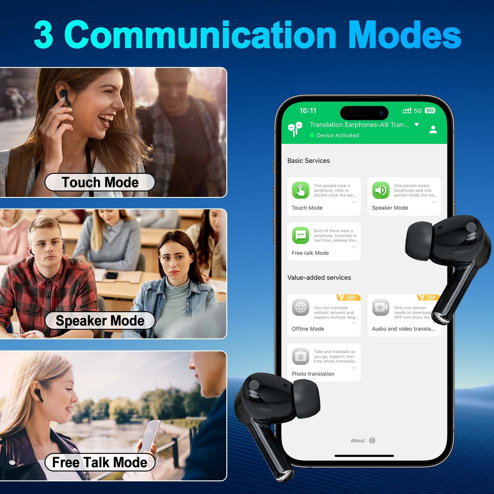 AI-vertaaloortelefoons Realtime: Bluetooth 6.0 Vertaaloortelefoons met