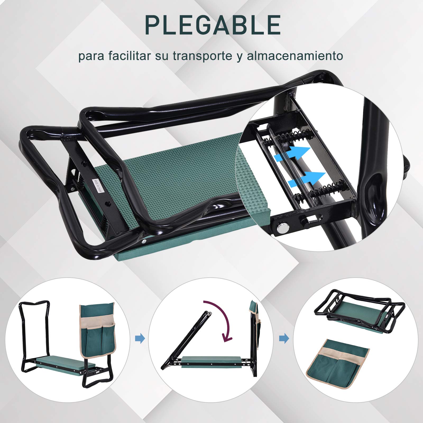 Outsunny Taburete de Jardín Plegable con Bolsa para Herramientas Protección Cojín Rodillas Asiento de Jardín con Almohadilla Altura Ajustable Soporta un máximo 150kg Color Verde Negro