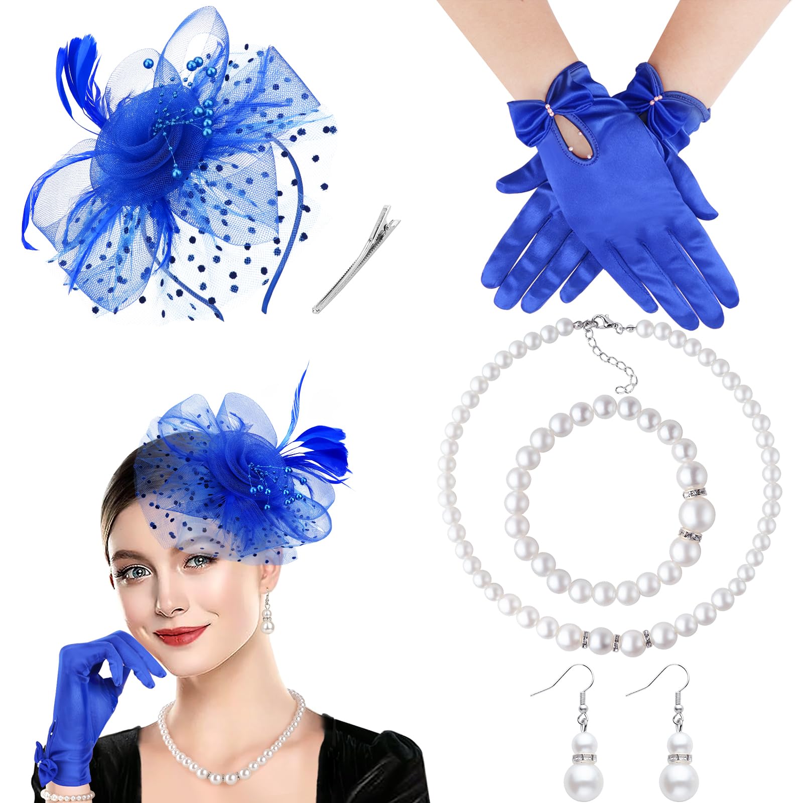 DRESHOW Fascinators Hat for Women Veil Mesh Tea Party Hat Headwear Feather Derby Hat Pillbox Hat and Gloves Pearl Jewelry Set for Cocktail 1920s Party