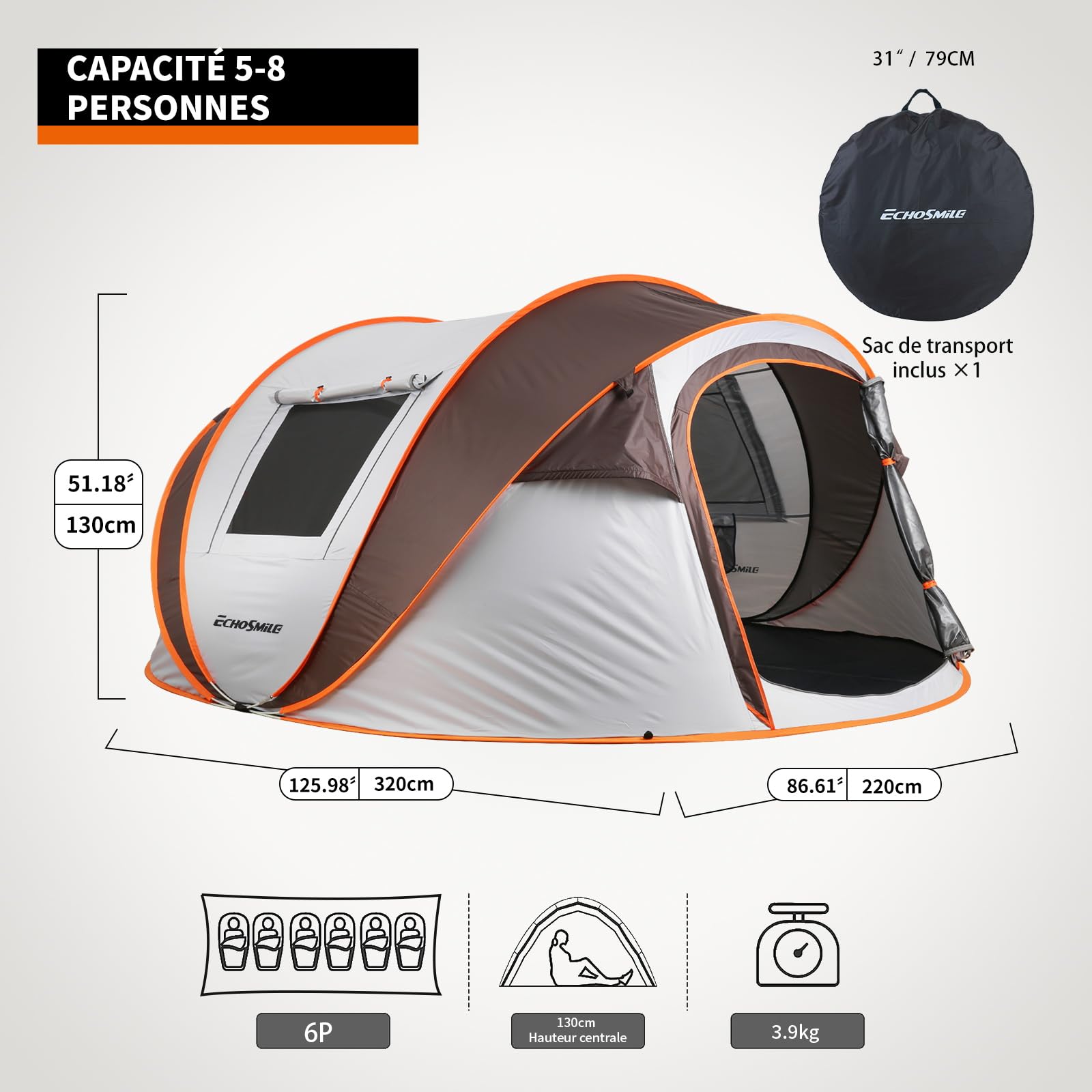 EchoSmile Tente de Camping Pop Up 2/4/6 Personnes Installation Facile Tente | Ventilée, Sac de Transport, Camping, Pêche, Randonnée,, Imperméable,Pliable, Anti-UV, Plage, Extérieur