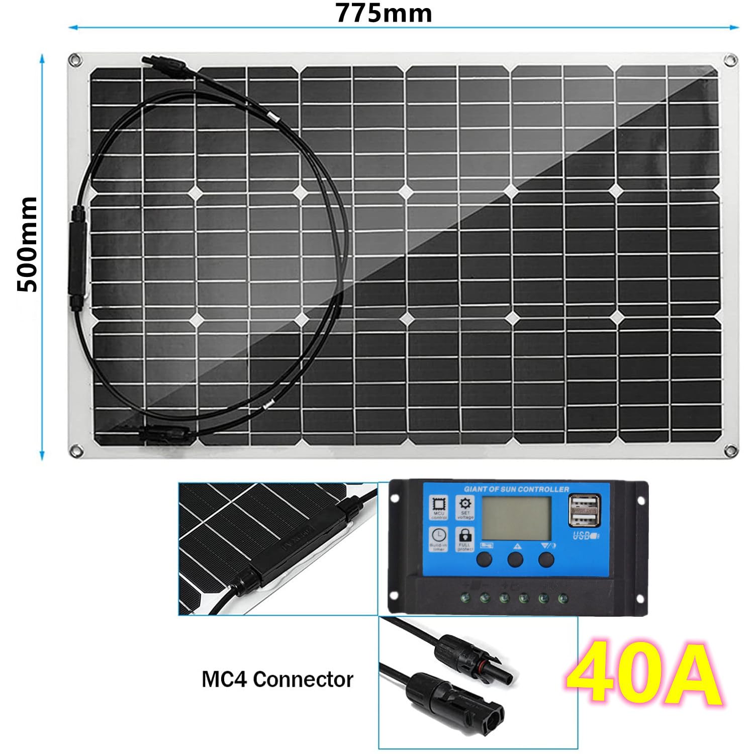 Monokrystaliczny panel słoneczny 300 W z kontrolerem 40 A – idealny do garażu, kampera, przyczepy kempingowej, ładowarki solarnej z wyjściem USB do dachu, jachtu, łodzi