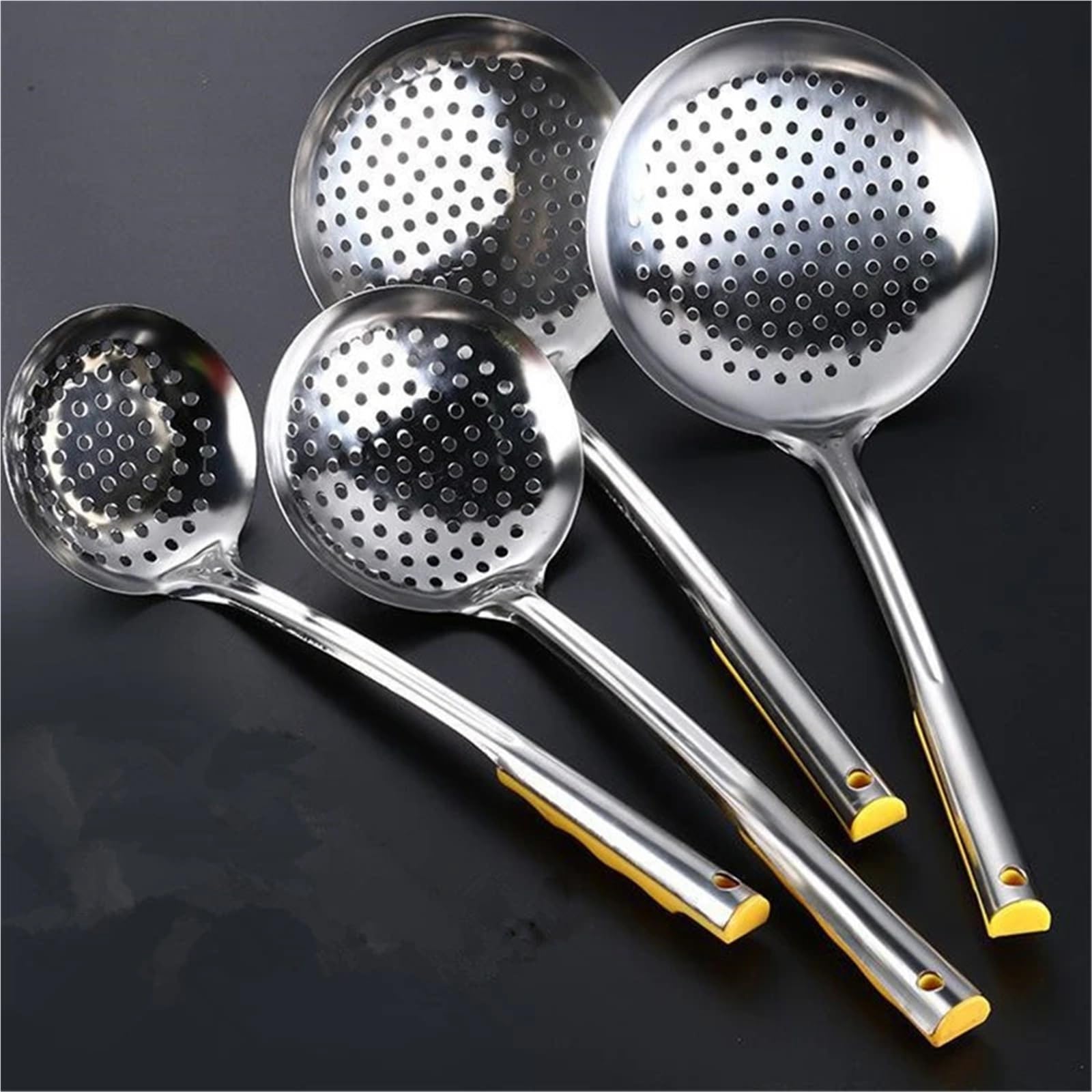 Espumadera Juego de 4 coladores Grandes de Acero Inoxidable Gruesos, cucharas filtrantes, coladores de Fideos for el hogar, separadores de Aceite, Utensilios de Cocina para Espumar