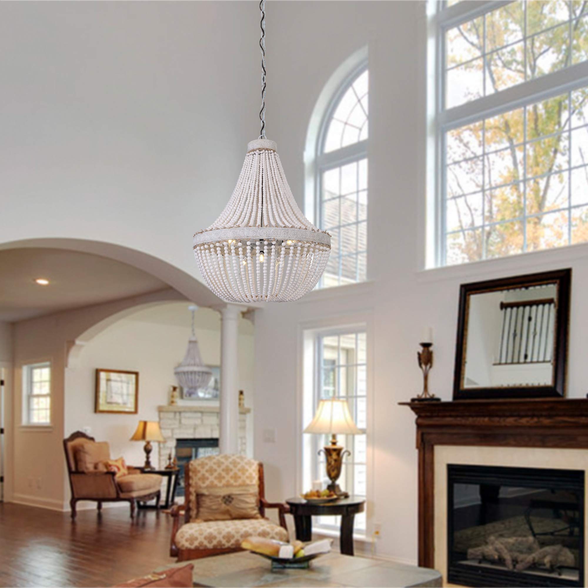 DERALAN Wood Bead Chandelier Modern Rustic Farmhouse Beaded Chandeliers 6-Lights Wooden Island Pendant Lighting Fixture Retro Ceiling Lights for Dining Room Kitchen Bedroom Foyer D31.5