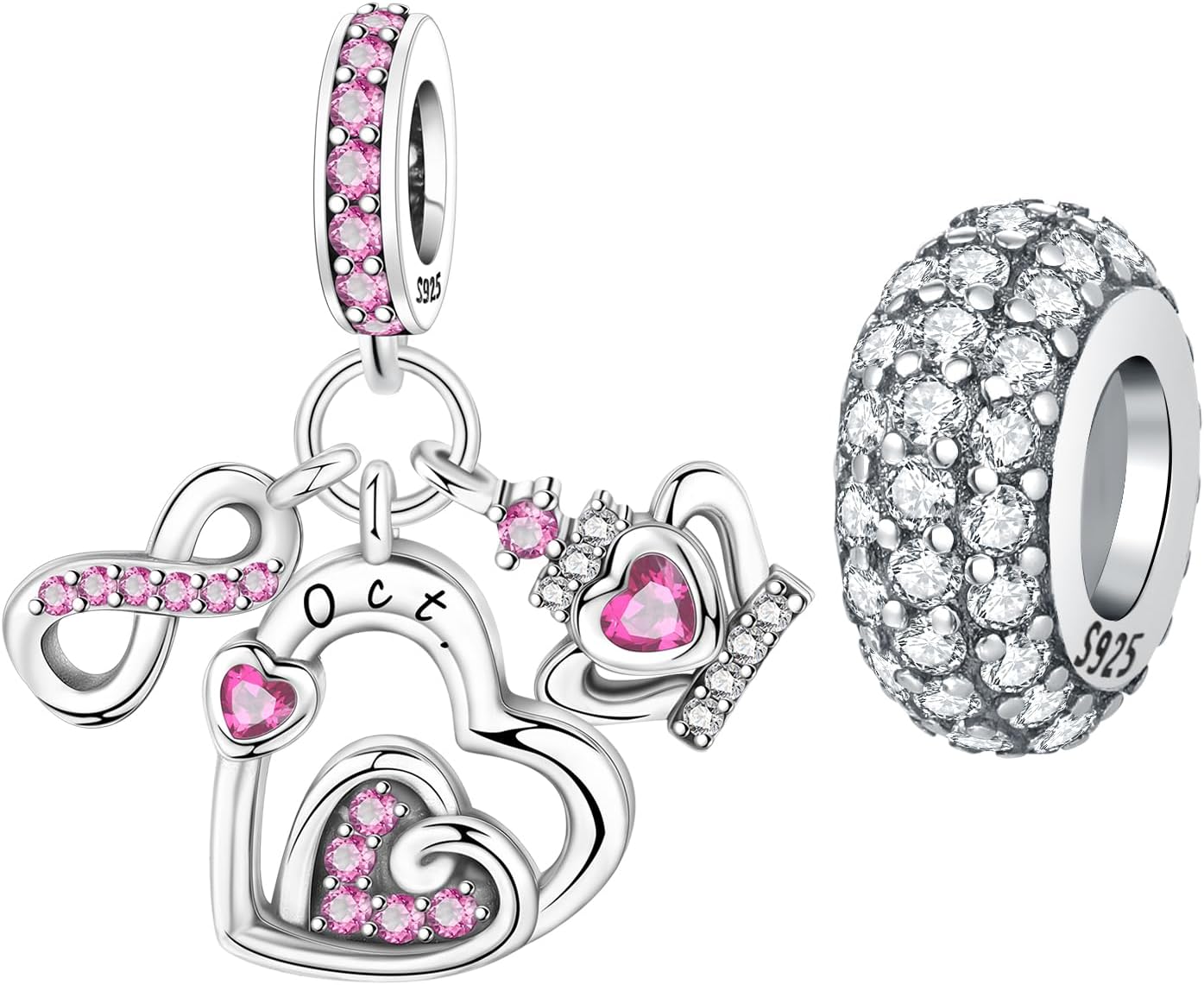 CYCUFF 2 Pack Birthstone Charms 925 Silver Charms for Bracelets Necklace Heart Charm Jewellery Birthday Gift for Women Family Friends