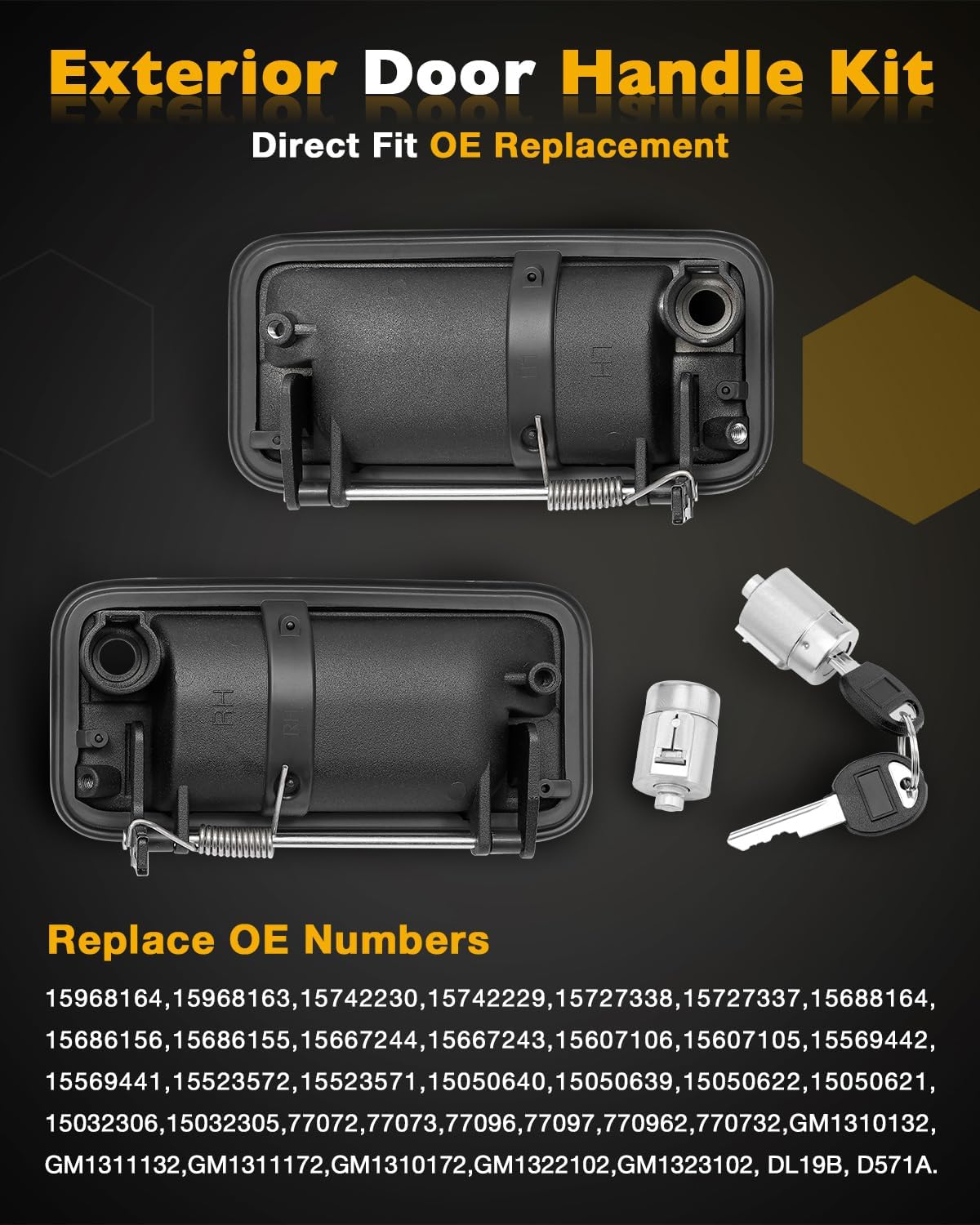 Metal Outside Door Handles, w/ Lock Cylinders & Keys, Compatible with 1988-2001 Chevy K1500 K2500 K3500 C1500 C2500 C3500, GMC C/K 1500 2500 3500 Pickup, Suburban, Tahoe, Yukon, Front Left & Right