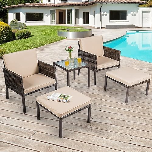 Miniatura 3 de SDGH - Juego de 5 muebles de ratán para patio sillas otomanas acolchadas para jardín césped marrón sillas individuales