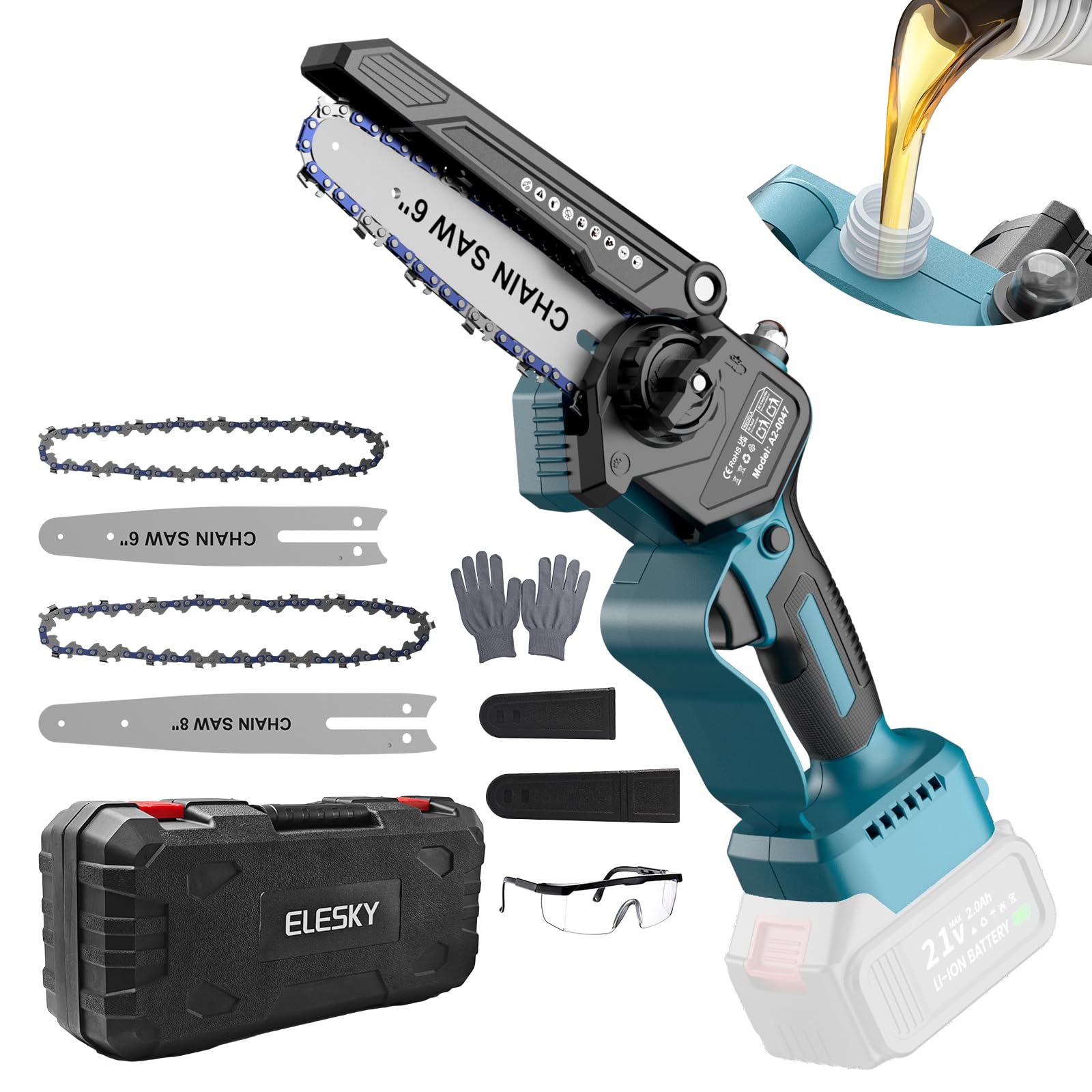 ELESKY Akku Kettensäge 6” und 8”, kompatibel mit Makita 18V, ohne Akku | Mini Kettensäge 2-in-1, automatische Kettenschmierung, werkzeuglose Kettenspannung, 2 Schienen und 2 Ketten.