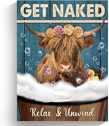 Miniatura 1 de Divertido arte de pared de vaca de las tierras altas en la bañera, lienzo con imagen de vaca en el baño, impresiones de animales para baño,