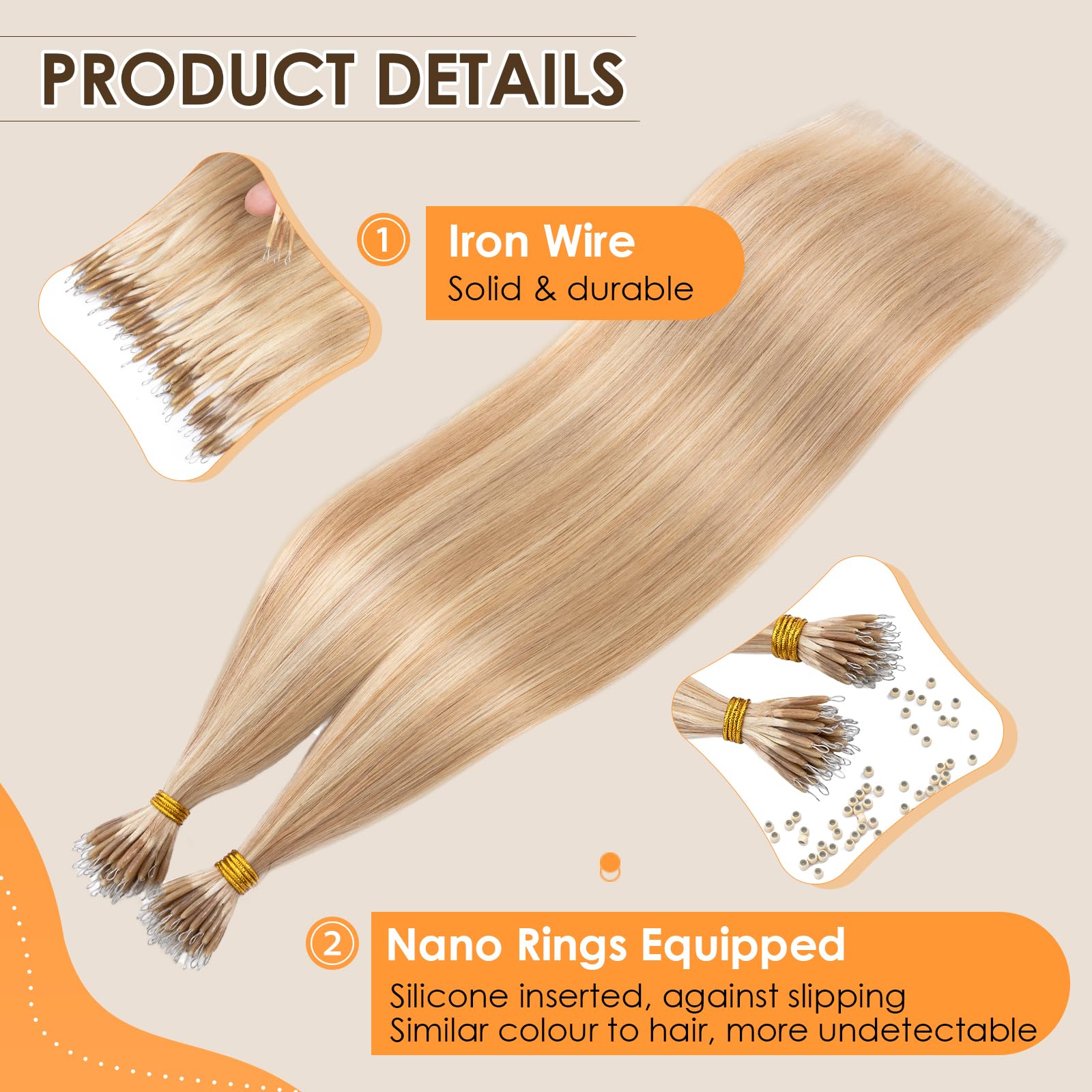 Elailite Nano Beads Hair Extension Real Human Hair With Nano Ring 50 Strands Cold Fusion Straight (#18/613 Ash Blonde Mix Bleach Blonde - Image 3