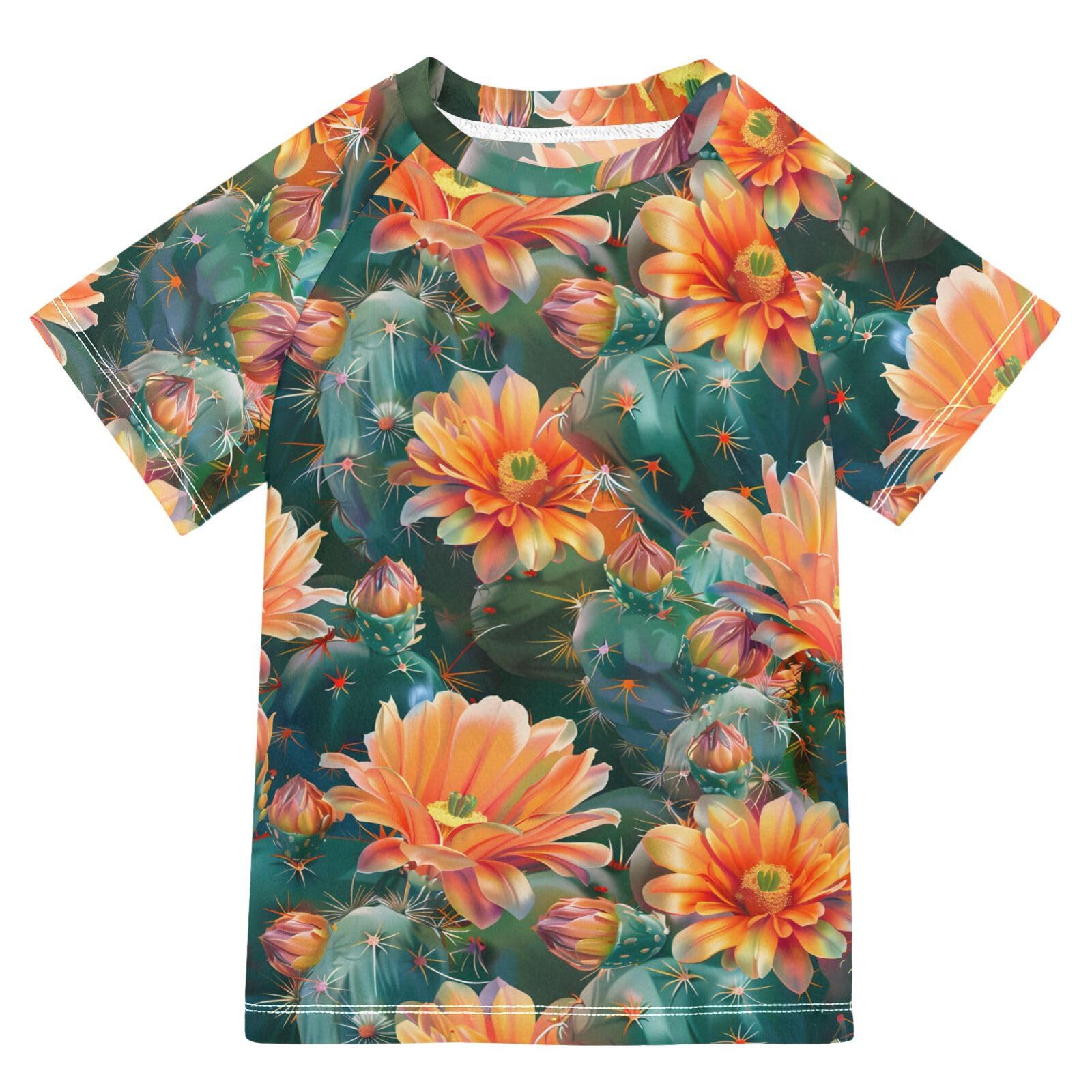 ALAZA Kids Rash Guard Boys Toddler Swim Shirts Short Sleeve Cactus Orange Flowers UPF 50+ 3T