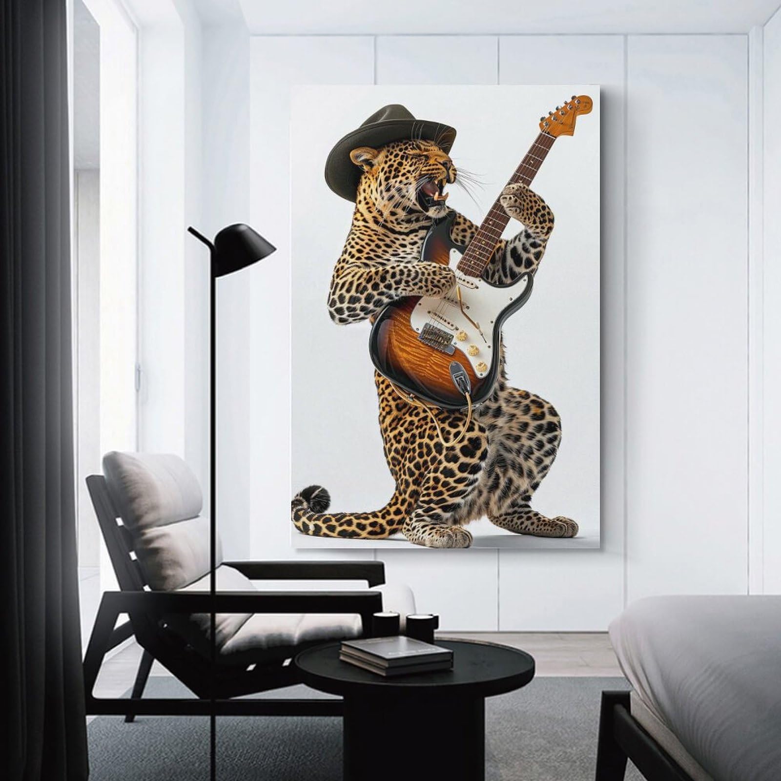 Junmoney Leopard Guitar Canvas Art Print 24x36inch(60x90cm), for Feature Walls in Flats Or Modern Rooms, Decorative Artwork with Flexible Styling