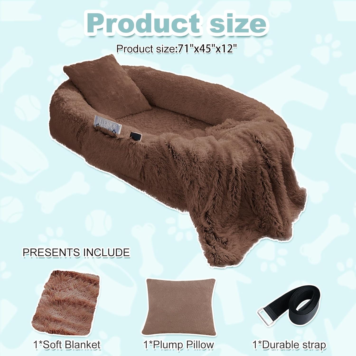 YAEM Human Dog Bed for Adult and Pets - 71"x45"x12" Dogs Beds for Humans with Washable Faux Fur Cover, Plump Pillow, Blanket, Orthopedic Design, Strap-Coffee