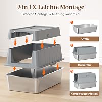 Lifewit XXL Macska WC Rozsdamentes Acélból - Fedeles Macskatoalett Pedálos Nyitással, Elülső Bejárattal, Lapáttal, Szürke, Nagyméretű Cicákn - gray, 22.8cm, 1 Packung 7