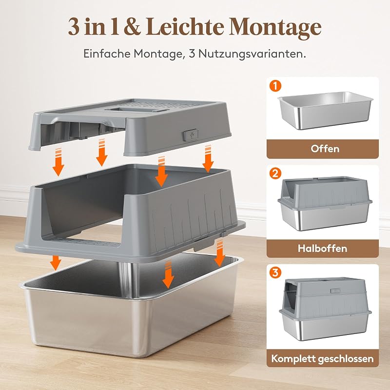 Lifewit XXL Macska WC Rozsdamentes Acélból - Fedeles Macskatoalett Pedálos Nyitással, Elülső Bejárattal, Lapáttal, Szürke, Nagyméretű Cicákn - gray, 22.8cm, 1 Packung