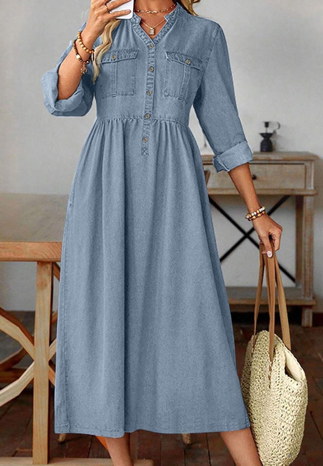 loveimgs Women Casual Button Down High Waist Midi Denim Dress V Neck Pleated Shirt Jean Dress A Line Long Sleeves Pockets