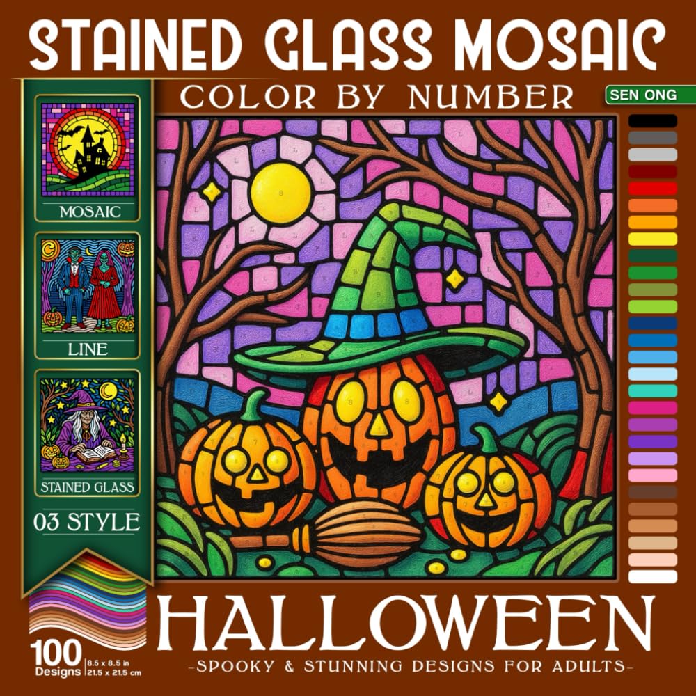 Halloween Stained Glass Mosaic Color By Number: 100 Spooky & Stunning Designs for Adults to Relax & Create
