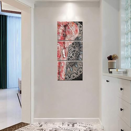 Miniatura 2 de Biuteawal 3 piezas de lienzo negro y rojo para pared, diseño de elefante tribal, estampado de mandala, arte enmarcado de animales, arte para el