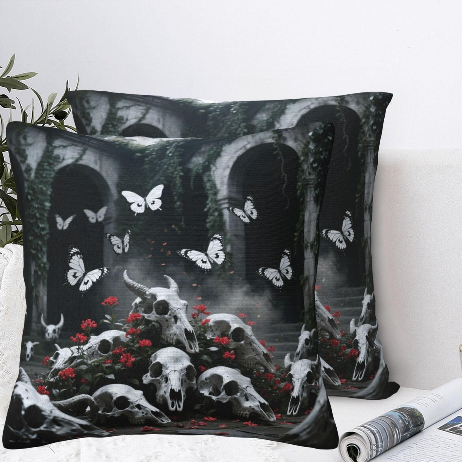 BTCOWZRV Skulls Butterfly Plush Throw Pillow Covers 18"X18",Soft Cozy Couch Cushion Covers Decorative Pillow Cases for Holiday Home Bedroom Sofa Decors