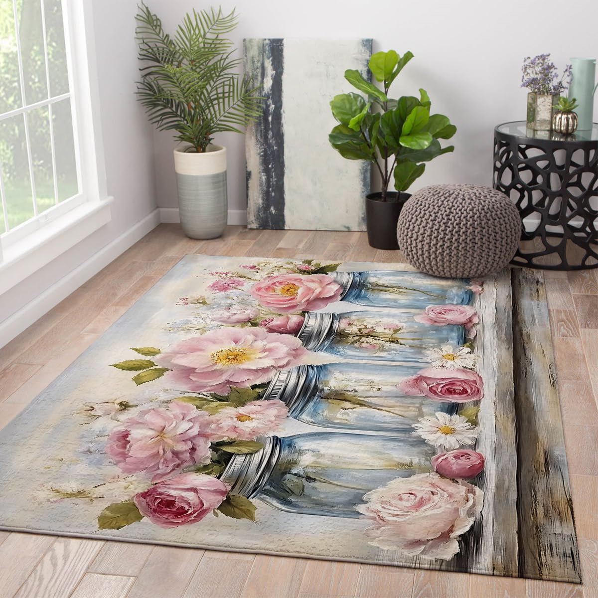 Tapis pour salon 60x90cm lavable style bohème chic rose pour cuisine