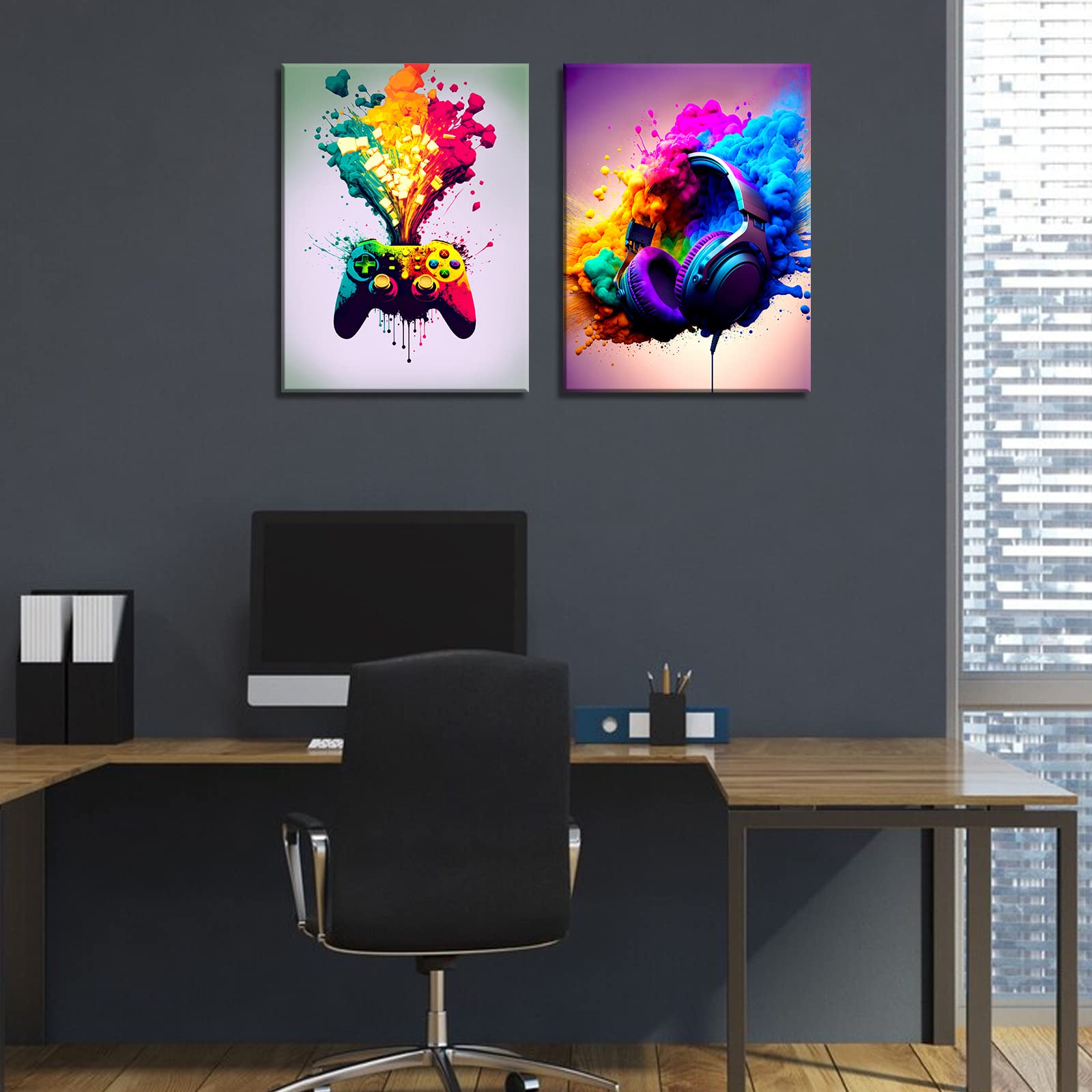 BSZY Get Videospiel-Leinwand Wandkunst Spielzimmer Dekor Coole Gaming Gemälde Spiel Bilder Kopfhörer Game Controller für Jungen Wohnheim 30,5 x 40,6 cm Set von 2 fertig zum Aufhängen