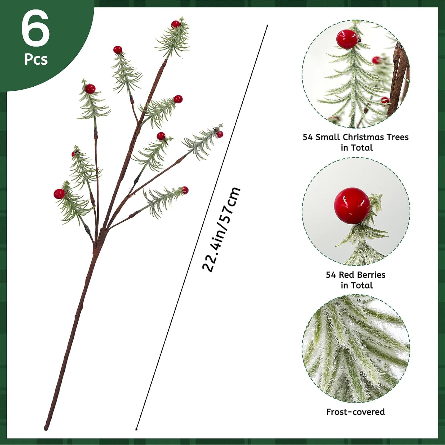 SNAIL GARDEN 6PCS Frosted Norfolk Pine Stems with Mini Christmas Tree Shaped Needles, 22.4in Inch Norfolk Pine Branches with Red Berries, Christmas Stems for for Xmas Tree Decor, Vases, DIY Wreath