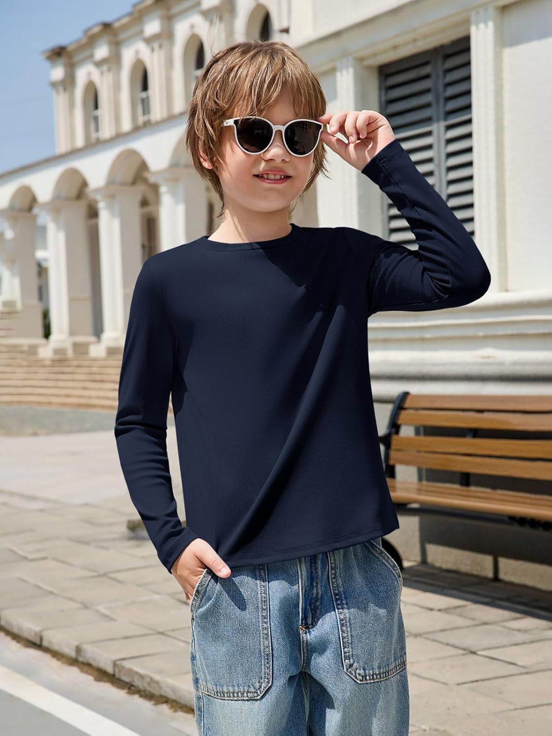 Haloumoning Boys Ribbed Long Sleeve Shirts Kids Casual Crewneck Solid Tops Tees 5-14 Years - Image 2