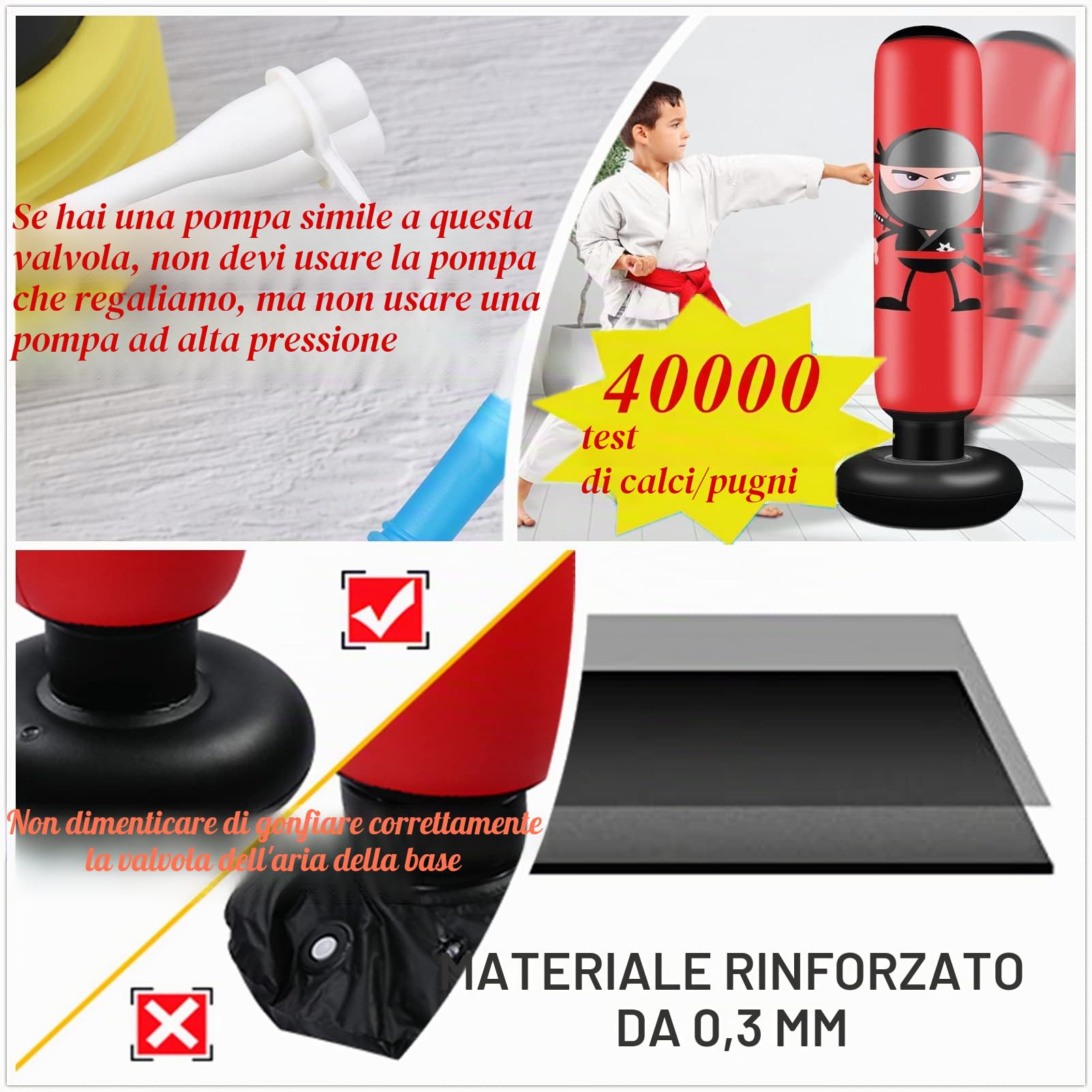 Sacco da Boxe Bambini 160cm Gonfiabile Ninja Sacco Boxe da Terra Bambino Sacco da Sabbia con Pompa ad Aria per Praticare MMA Karate Taekwondo e per Alleviare L'energia Repressa nei Bambini