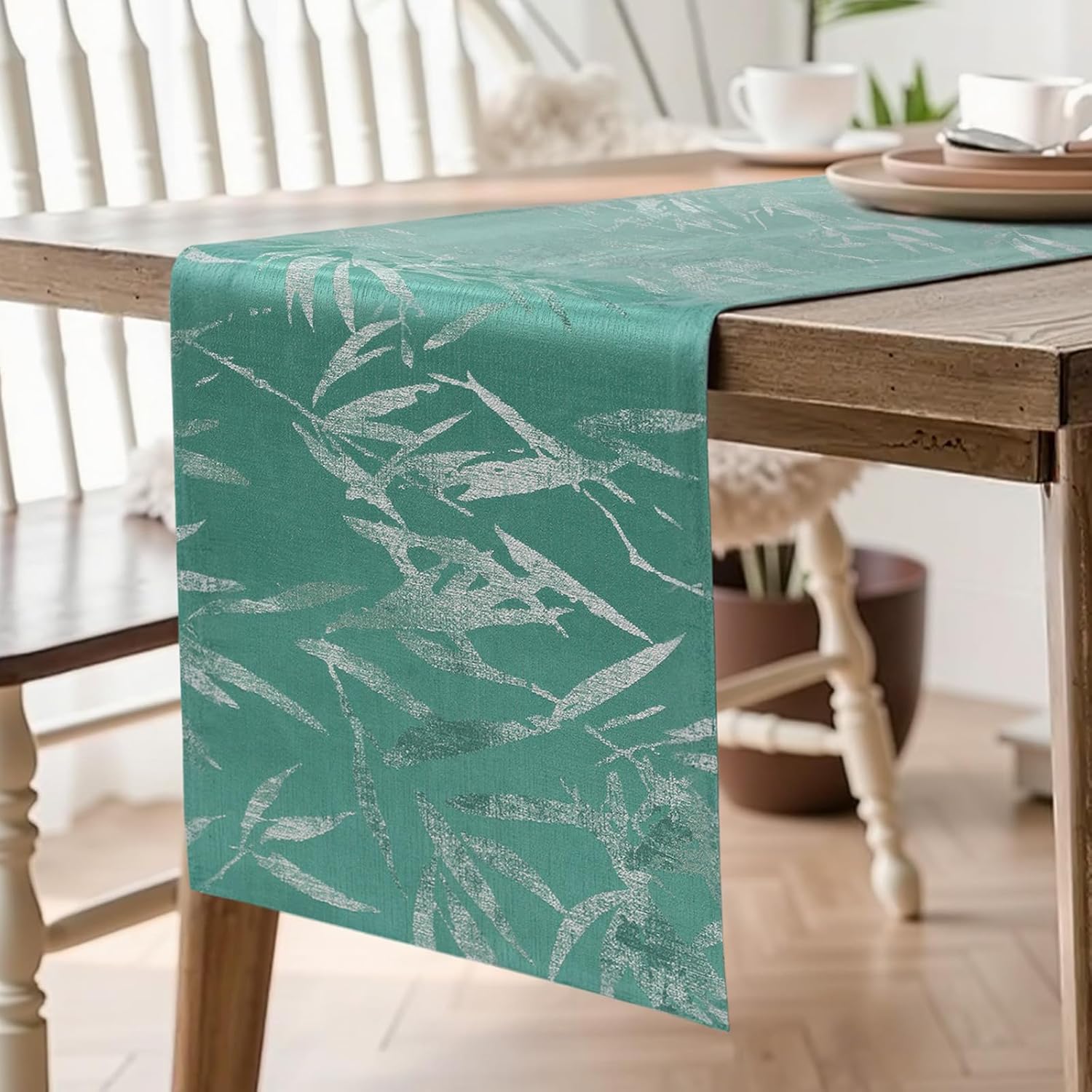 FAVE Hunter Green Table Runners Stain Table Runner for Rectangle Table Graduated Embroidery Design Dining Table Decor for Wedding, Banquet, Birthday, Party, Restaurant(Emerald Bamboo,72”x11”)