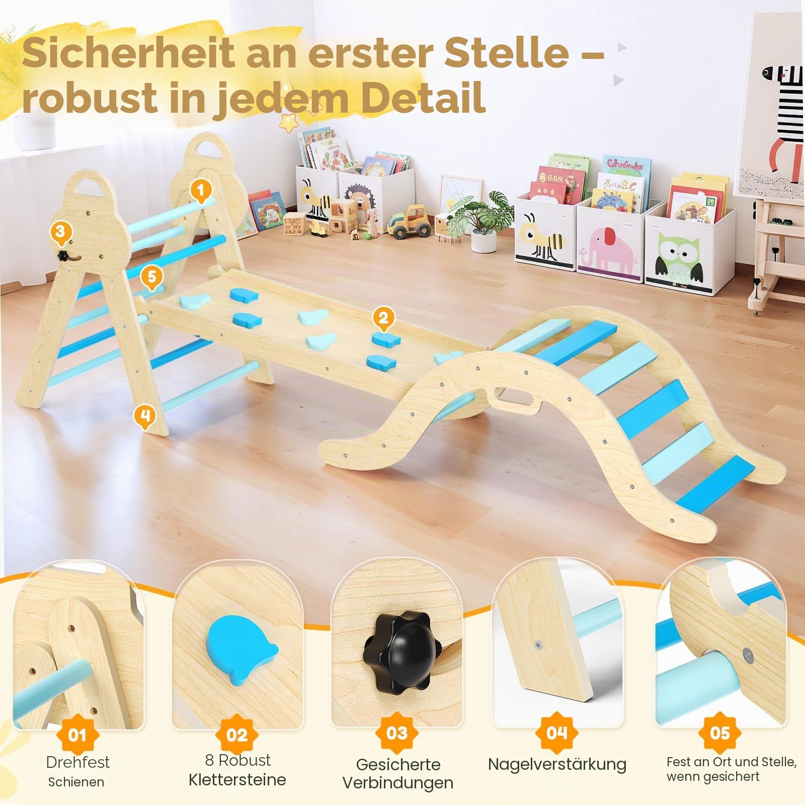 7-in-1 Montessori Klettergerüst Indoor, Kletterdreieck mit Rutsche & Kletterbogen, stabiles Holzkletterspielzeug mit Sicherheitsmatte, Indoor Spielplatz für Kinder ab 1 Jahr(Blau)