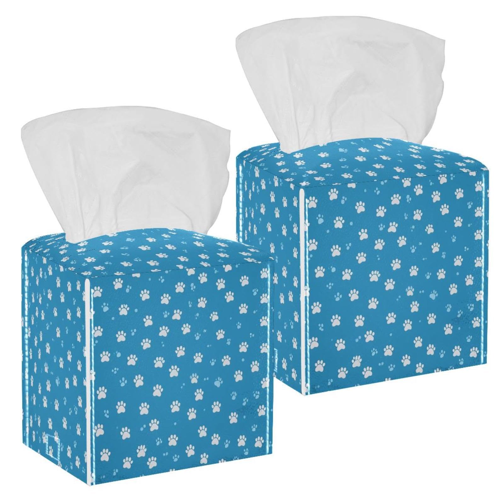 Dog Paw and Bone Tissue Box Cover, 2 Pack PU Leather Square Facial Tissue Dispenser Box holder for Home Office Car
