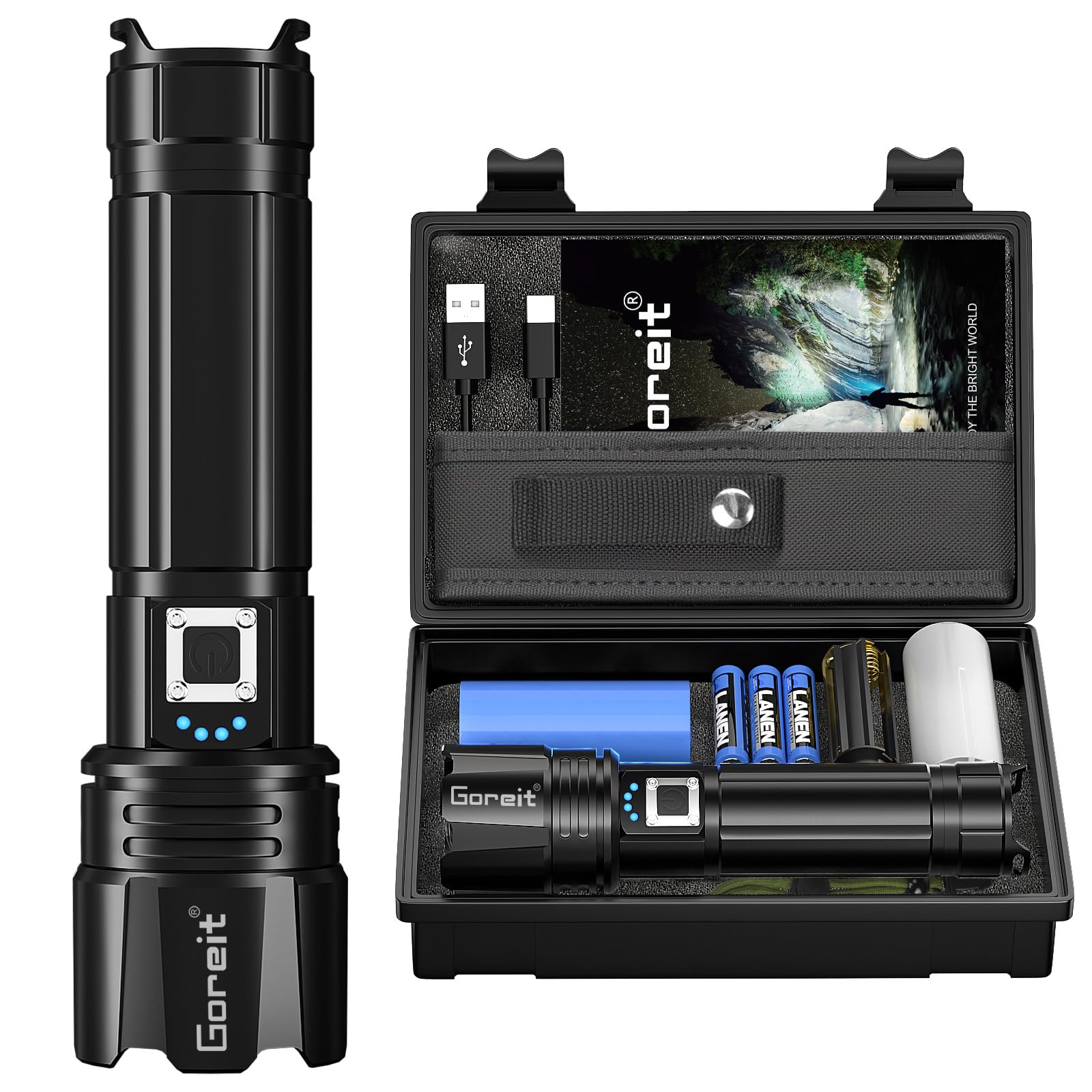 Goreit Aluminum Flashlight High Lumens Rechargeable,20000 Lumen Led Flashlights Xhp702 Usb Super Bright Flash Light, High Powered Handheld Flashlights For Emergencies Camping,Ip67 Waterproof,Zoomable