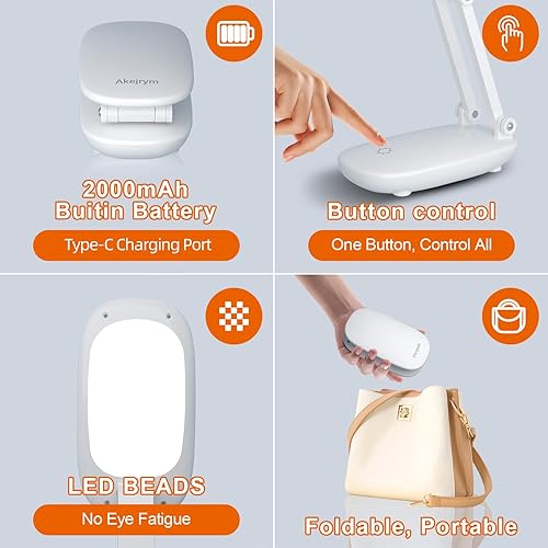Miniatura 6 de Lámpara LED de escritorio para oficina, hogar y lámpara a pilas, lámpara recargable plegable y portátil, soporte de 2 pliegues 3 brillos regulables