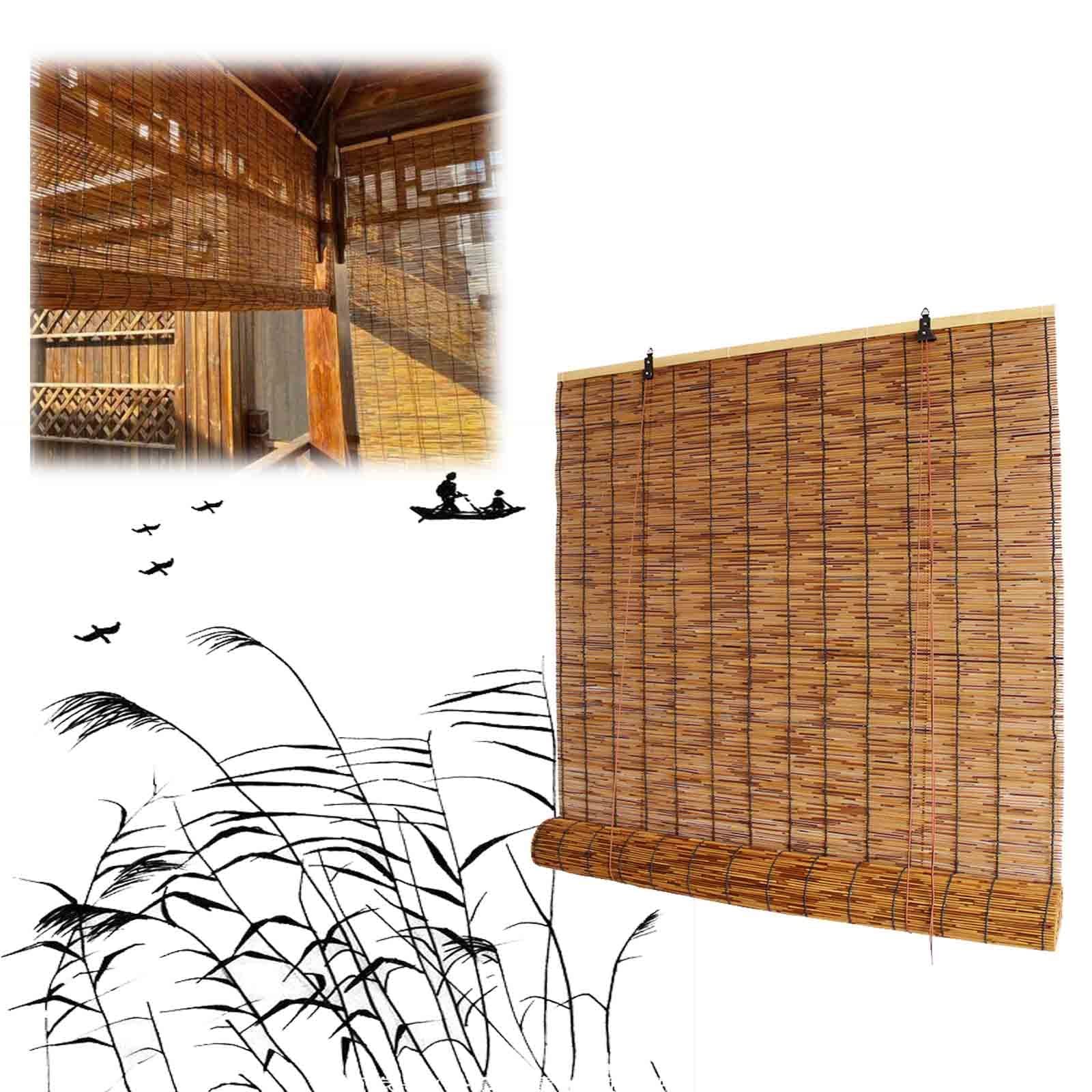 ZSML Custom Outdoor Bamboo Shades For Patio Width 50 60 70 80 90 100 110 120 130 140cm Woven Blinds Roll Up Bamboo Shades Natural Roman Shades For Windows 70% Shading Reed Shade