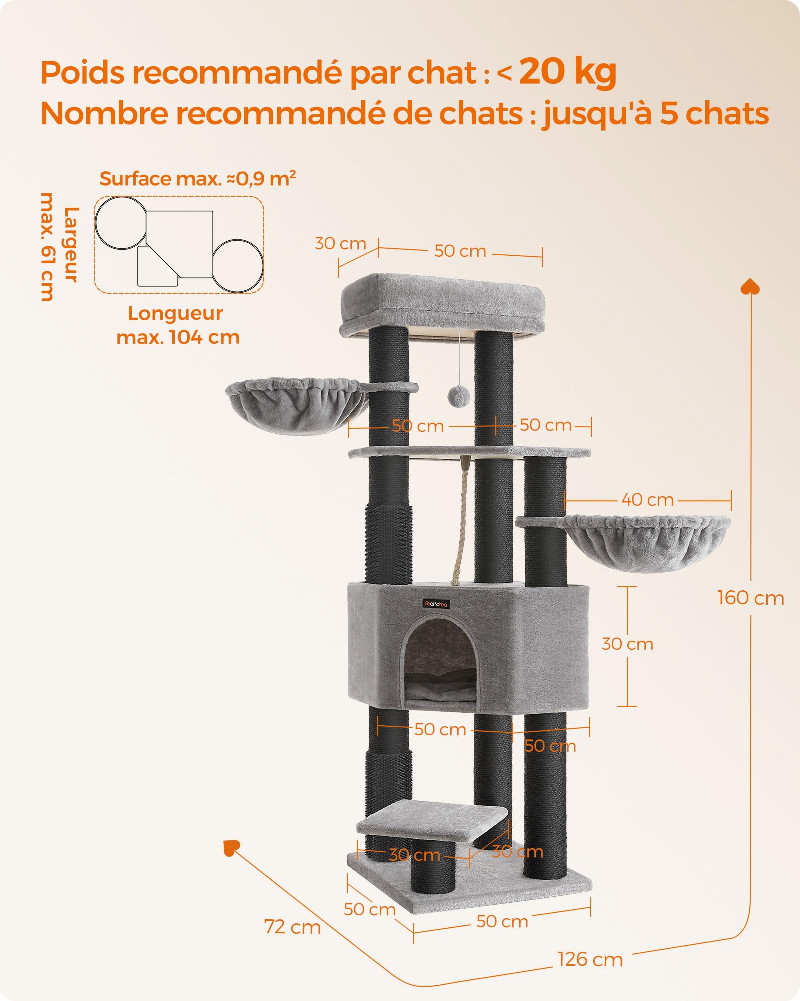 Feandrea Arbre à Chat Grand et Stable, Auto-toiletteurs, Poteaux à Griffer, Niche, Hamacs, Plateformes, Corde en Sisal, 50 x 50 x 160 cm, Gris Tourterelle et Noir PCT003W01