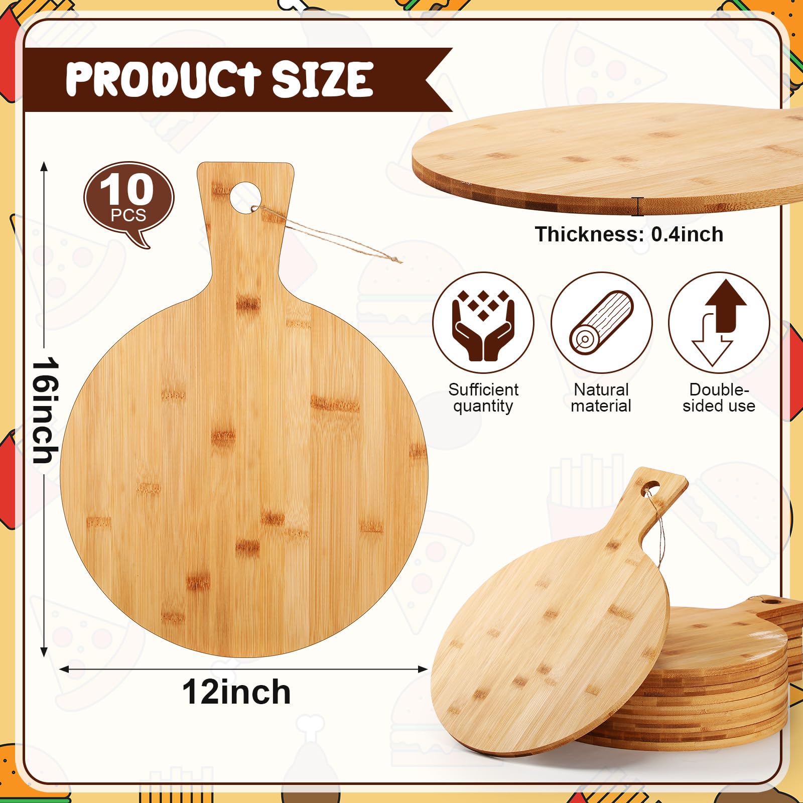 Zestaw bambusowych desek do krojenia, 10 szt., 30 cm, okrągłe deski do krojenia pizzy, chleba, ciasta, sera, owoców, warzyw, idealne akcesoria do pieczenia w kuchni