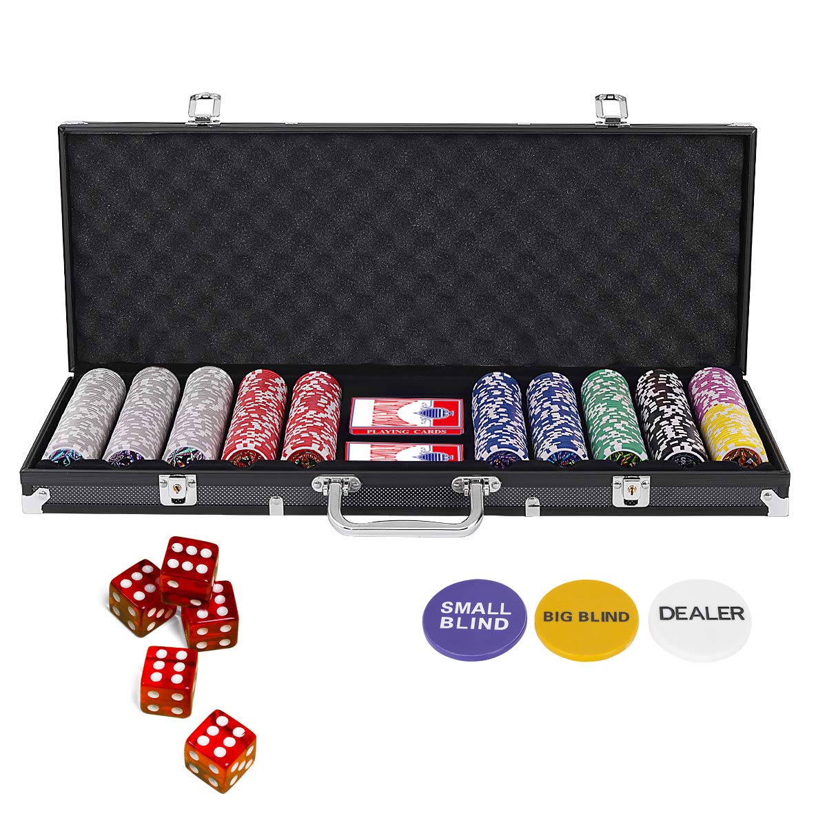COSTWAY Set de Póker con 500 Fichas con 2 Naipes,5 Dados, 3 Fichas de Crupier y Mantel Juego Completo de Póquer con Estuche (Negro)