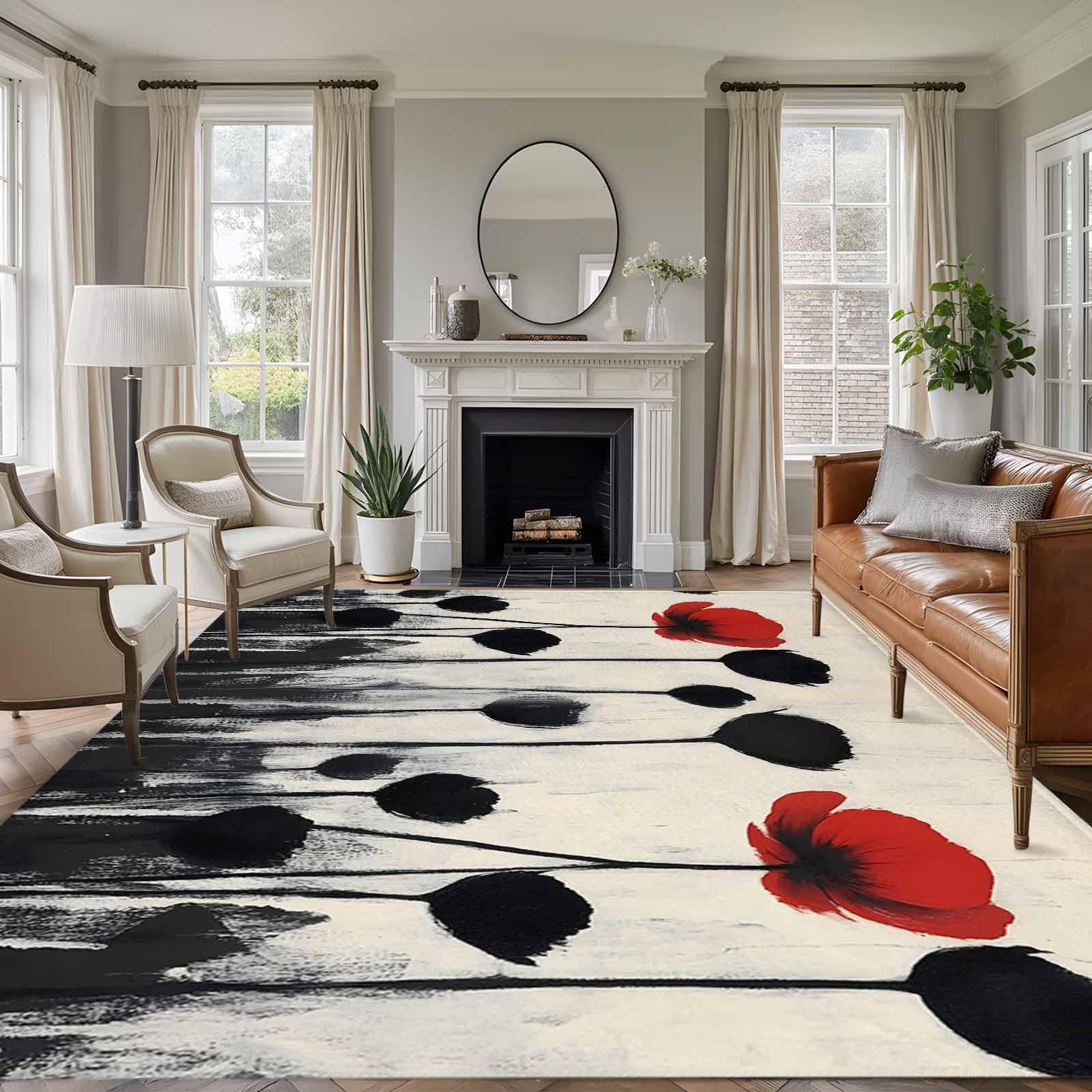 Area Rug 5'x7', Retro Flowers Non-Slip Runner Rug Carpet for Bedside, Farmhouse Oil Painting Floral Herbs Washable Outdoor Indoor Area Rugs Mat for Entryway/Living Room/Bedroom/Kitchen/Office