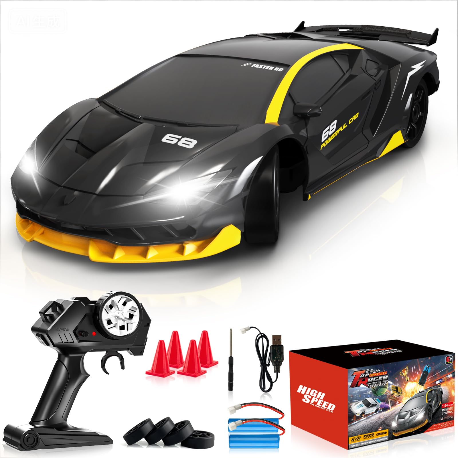 RC Drift Car Remote Control Car 2.4GHz 1/24 4WD 15KM/H High Speed Racing Sport with LED Lights Drifting Tire Toy for Adults Boys Girls Kids Gift 2Pcs Rechargeable Batteries