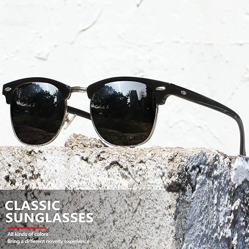 Vista 4 de FURISHQI Gafas de sol polarizadas clásicas para hombres y mujeres, estilo retro, montura semi sin marco, gafas de sol con protección UV 100%, gafas