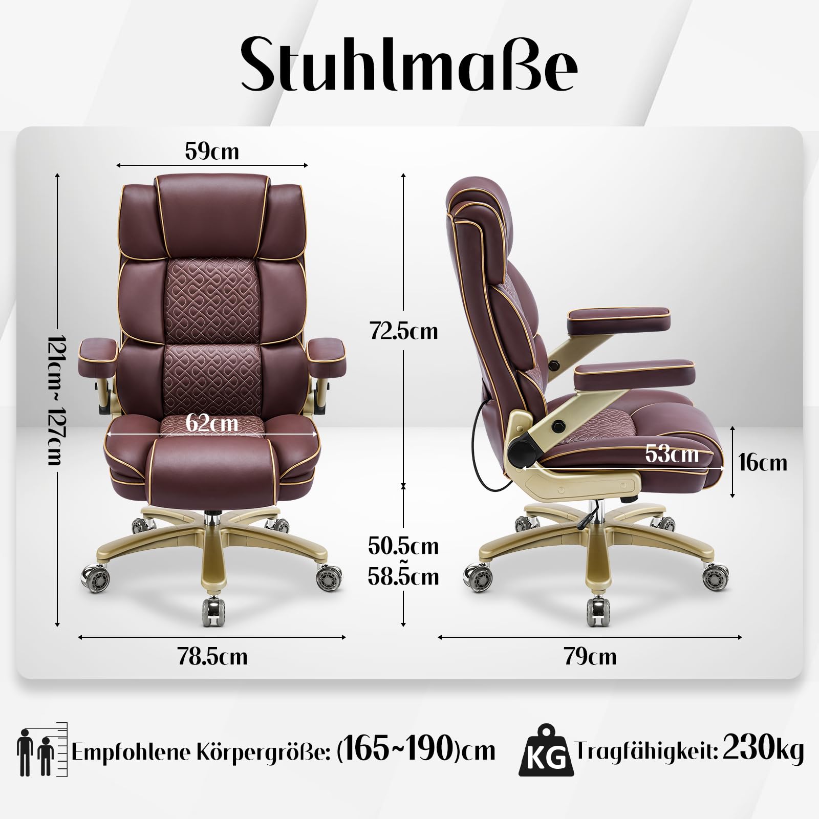 Bürostuhl, Chefsessel Ergonomisch bis 230kg, Big and Tall Schreibtischstuhl mit 5D-Armlehnen, Schwerlast Hoher Rücken mit Verstellbare Lendenstütze für Büro & Home Office, Leder Braun