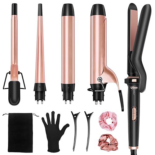 Ufree 5 in 1 Curling Iron with Interchangeable Ceramic Barrels (0.35"-1.25"), Curling Wand Set with Flat Iron Hair Straightener, Instant Heat Up, Dual Voltage Hair Curler, Gifts for Women - Rose Gold