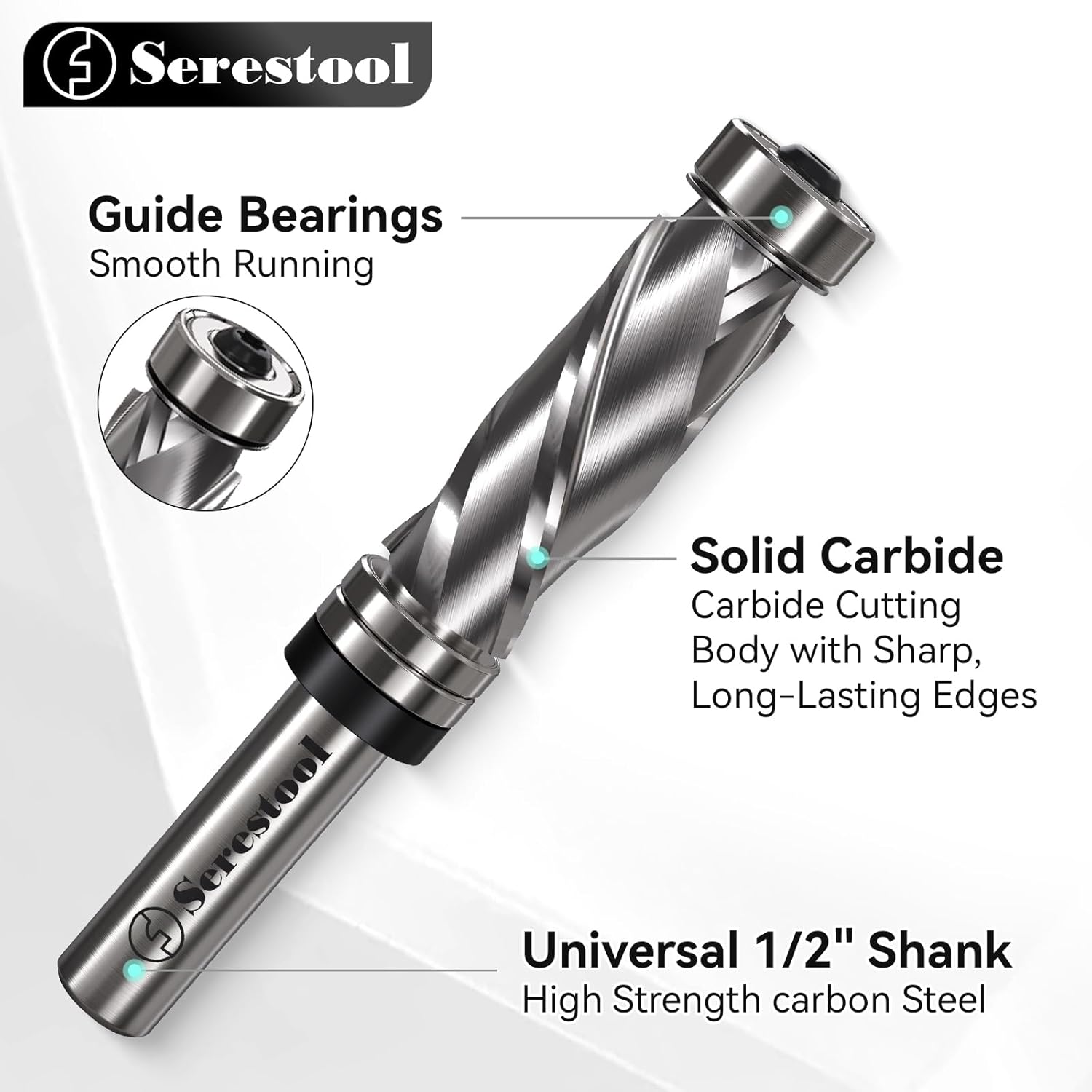 Top and Bottom Bearing Flush Trim Router Bit 1/2 Shank, 3/4" Cutting Diameter, 2" Cutting Length, Up&Down Compression Cut, Carbide Spiral Pattern Template Bit for Wood Trimming