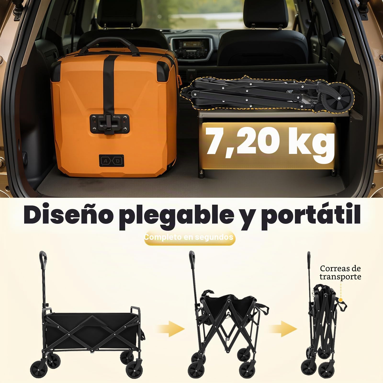 Carro plegable de hasta 80 kg – Carro de transporte con 2 soportes para copas para playa, jardín, camping y compras (ligero y resistente, negro)