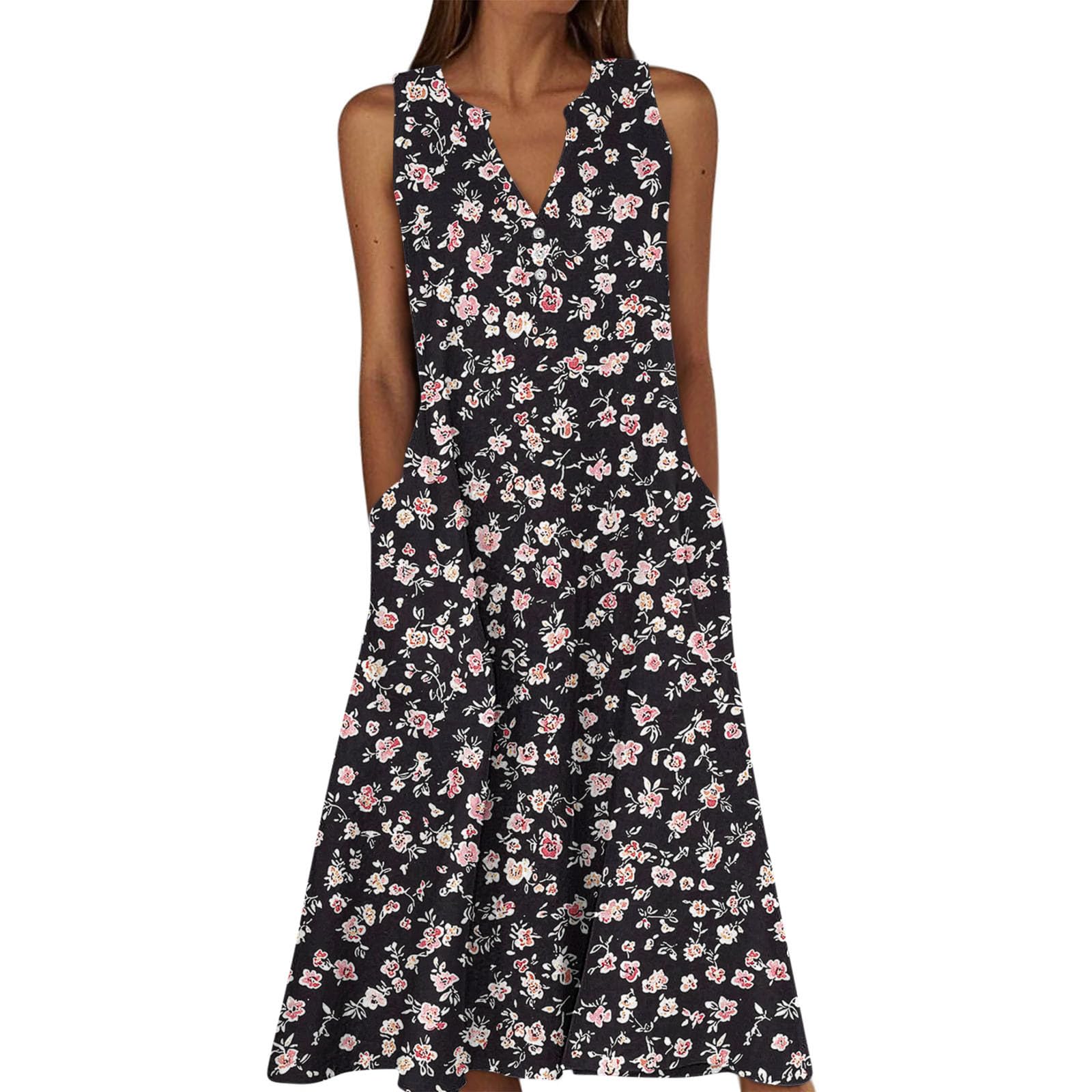 Summer Floral Print Midi Dresses for Women Boho Sleeveless V Neck Tank Dress Beach Vacation Sundress with Pockets — view 7