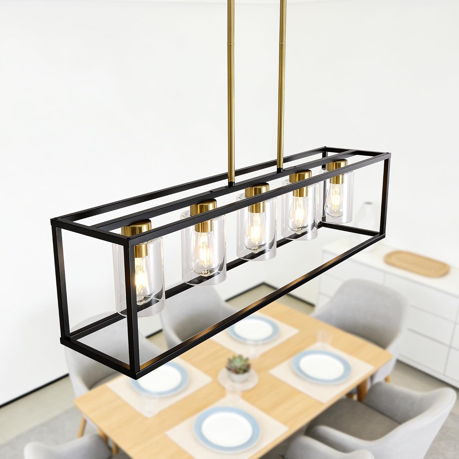 XILICON Brushed Brass+Black l Dining Room Chandeliers Lighting Fixture Linear Pendant Modern 5-Light with Glass Shades Vintage Farmhouse Ceiling Light Hanging for Kitchen Island Cafe Bar